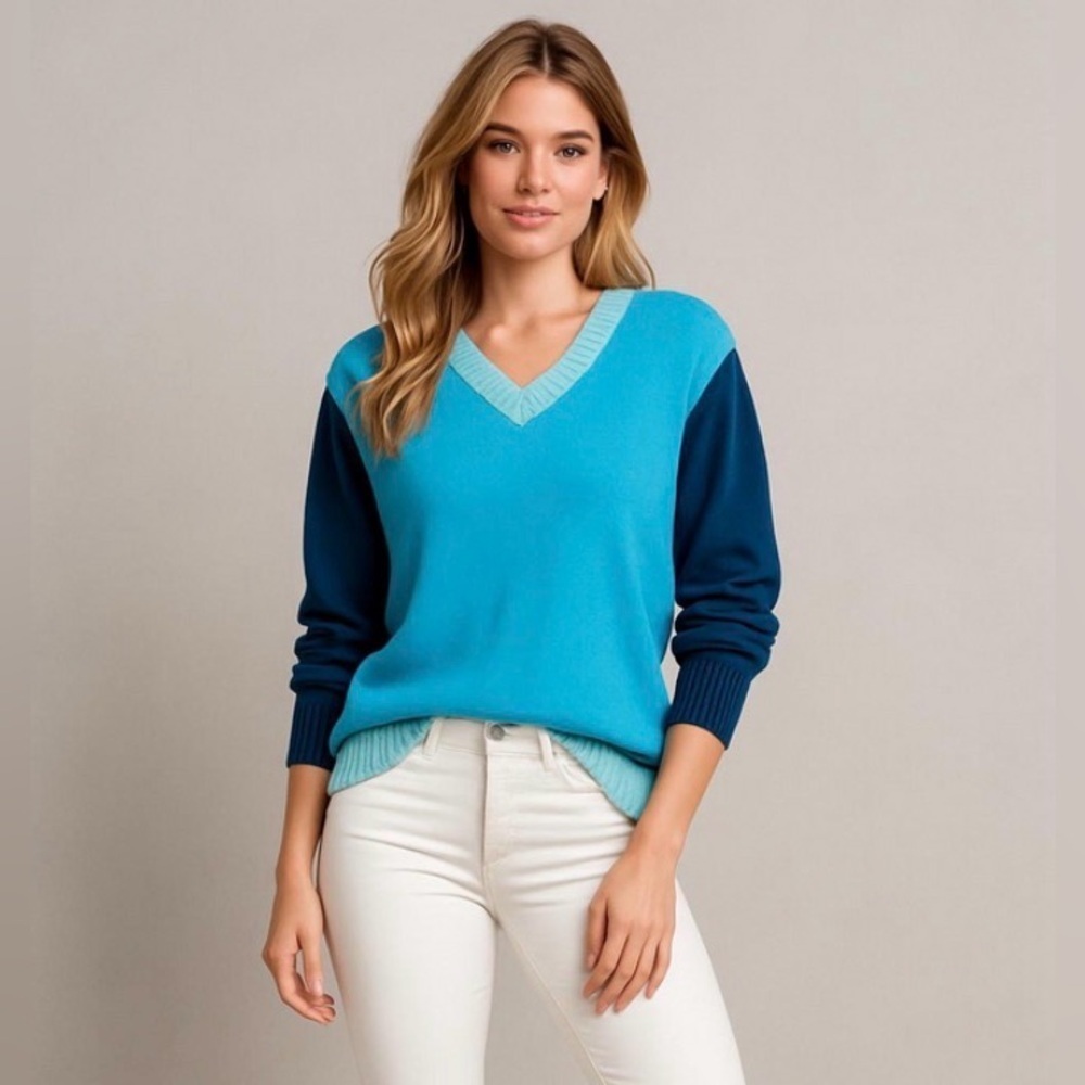 Belle by Kim Gravel Colorblock, V-Neck Sweater, Navy, Blue, Green, Size XS